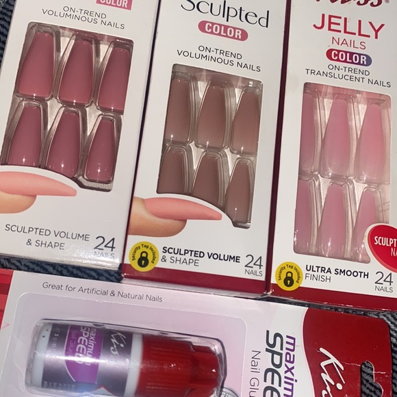 Kiss Other - Bundle of 3 Glue On Artificial Coffin Shaped Nails and Nail Glue Pink and Mauve